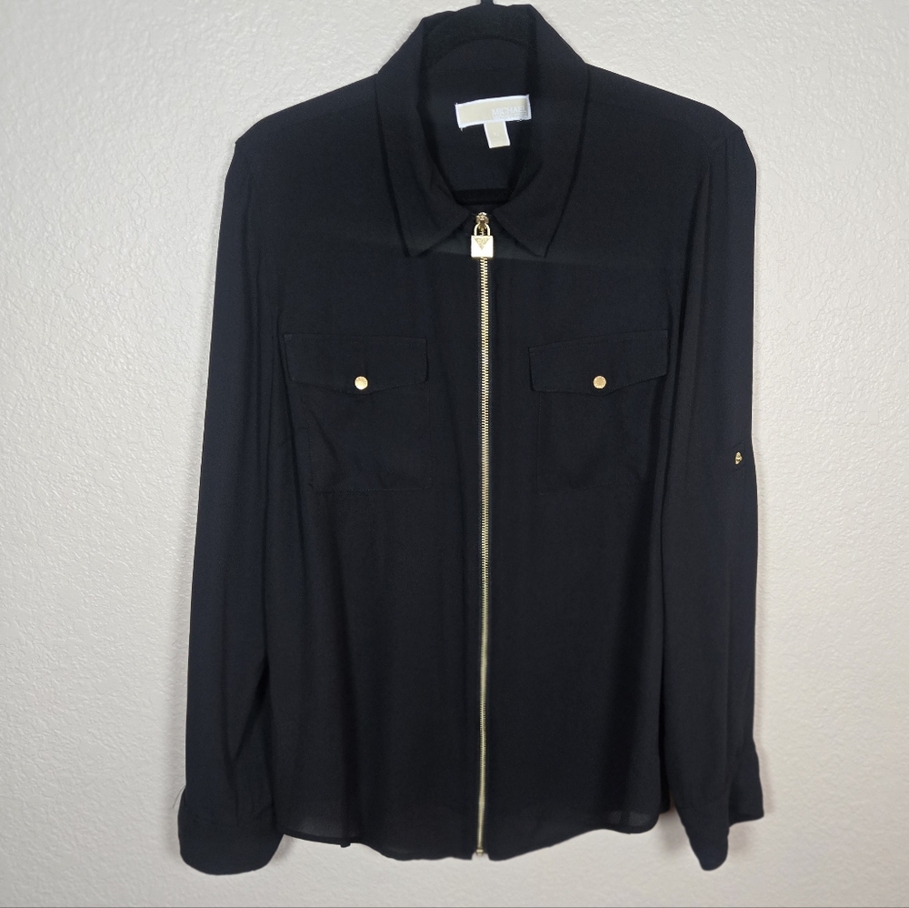 MICHAEL Michael Kors Black Full Zip Utility Shirt Gold Zipper XL